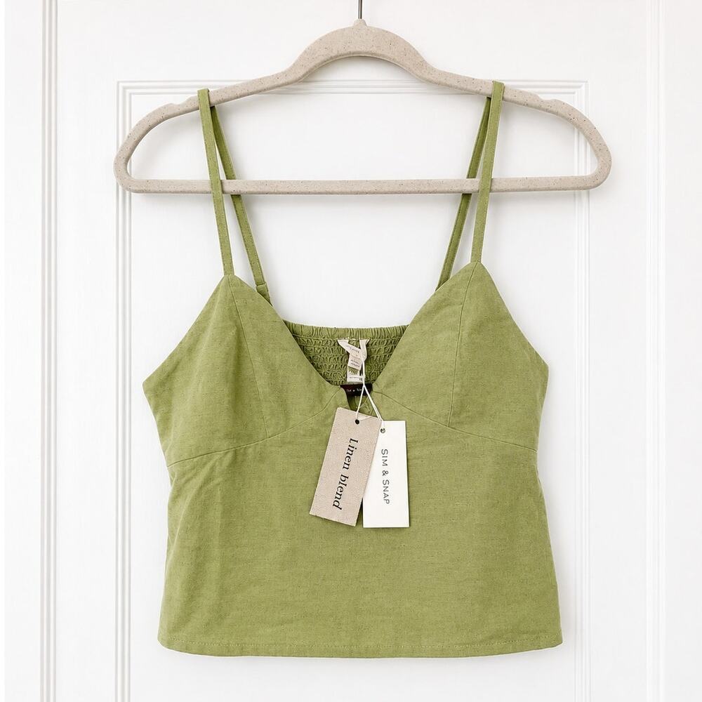 Sim & Sam Linen Blend Smocked Crop Top Green Size Large NWT